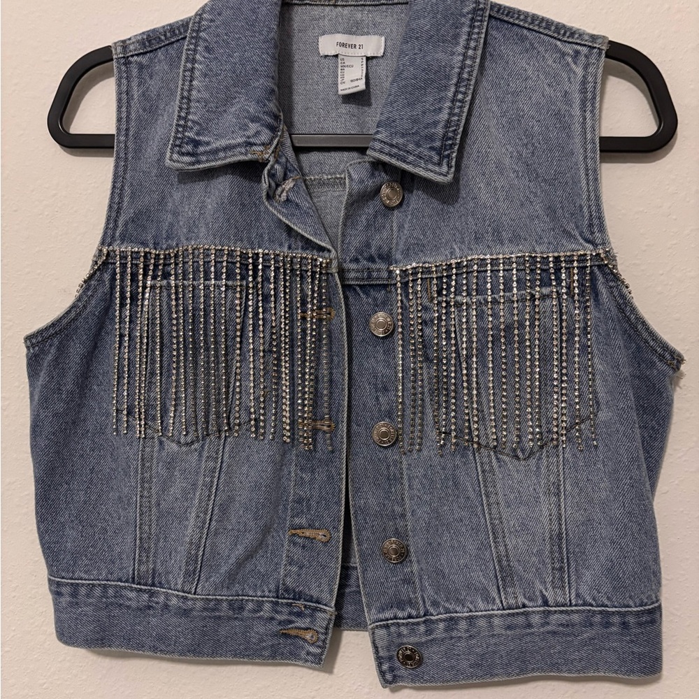Forever 21 Blue Denim Vest with Silver Fringe